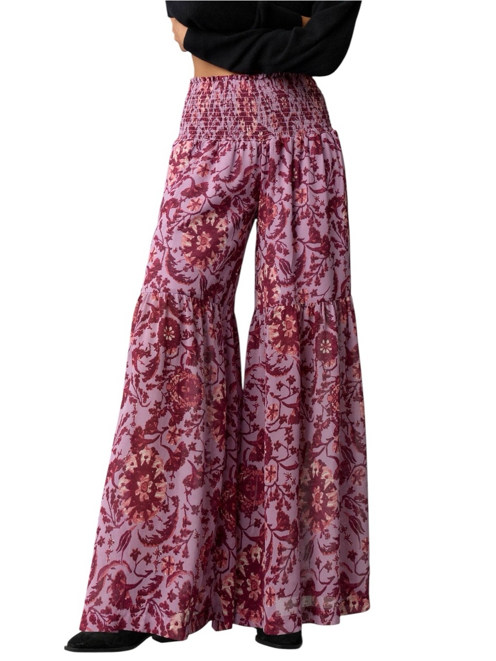 LN Anthropologie Lilac Floral Print Chiffon Smocked Tiered Wide Leg Pants - S